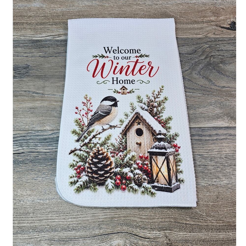 Welcome to Our Winter Home Chickadee Kitchen Towel Rustic Farmhouse Decor